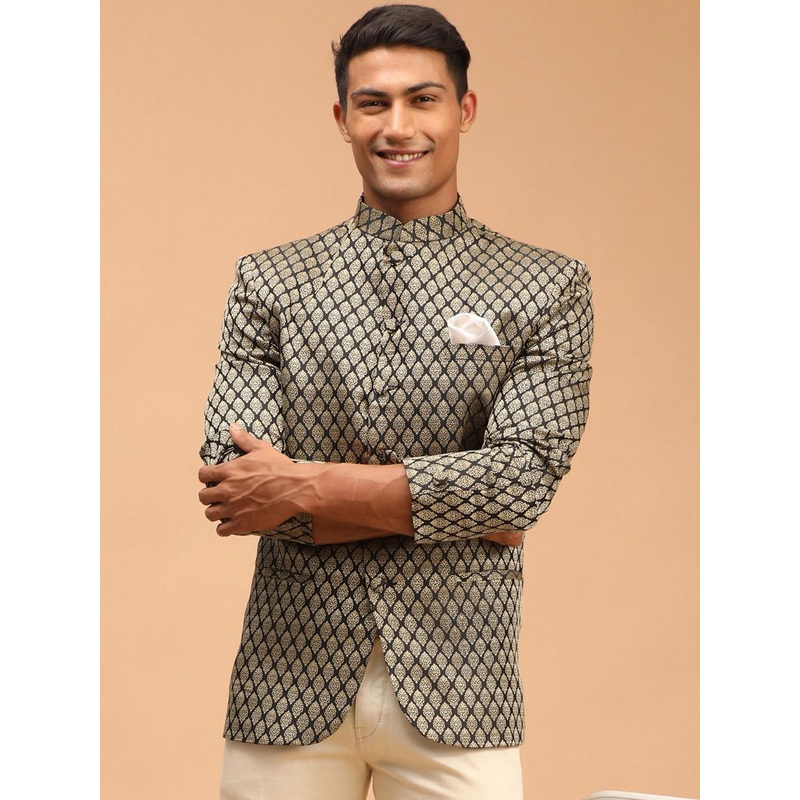 VASTRAMAY Men Black & Gold-Toned Printed Slim-Fit Bandhgala Blazers
