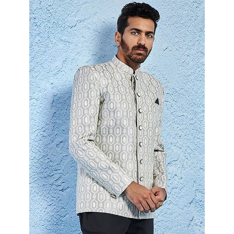 VASTRAMAY Self Design Mandarin Collar Slim-Fit Jacquard Bandhgala Blazers