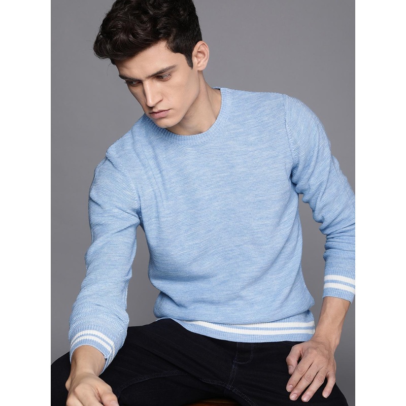 WROGN Men Blue Self-Design Pullover Sweater
