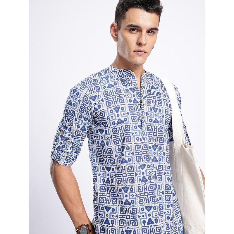 Anouk Rustic Band Collar Geometric Printed Roll-Up Sleeves Kurta