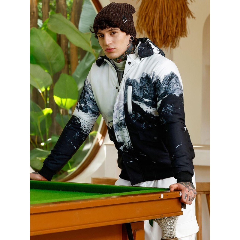 Campus Sutra Men Stand Collar Abstract Printed Lightweight Puffer Jacket