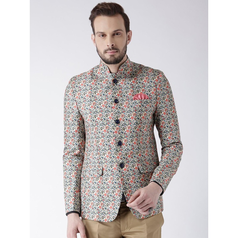 Hangup Men Pink Printed Mandarin Collar Blazers