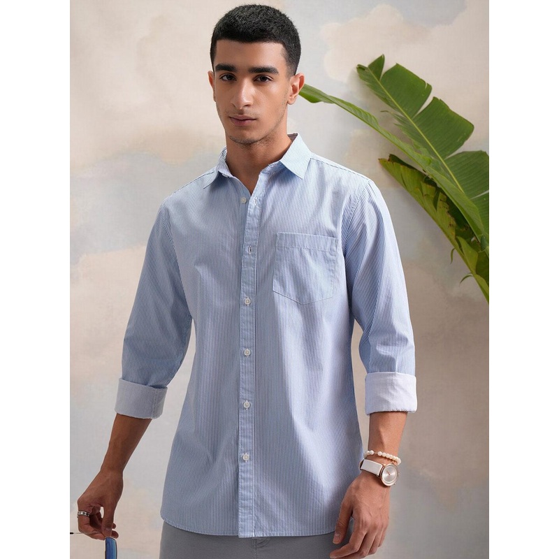 HIGHLANDER Blue Classic Slim Fit Vertical Striped Spread Collar Cotton Casual Shirt
