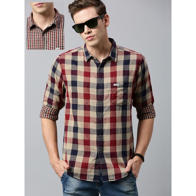 Roadster Men Beige & Red Checked Casual Reversible Shirt