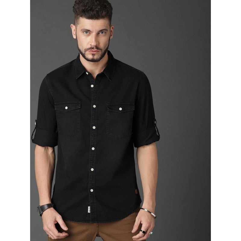 Roadster Men Black Regular Fit Solid Casual Denim Shirt