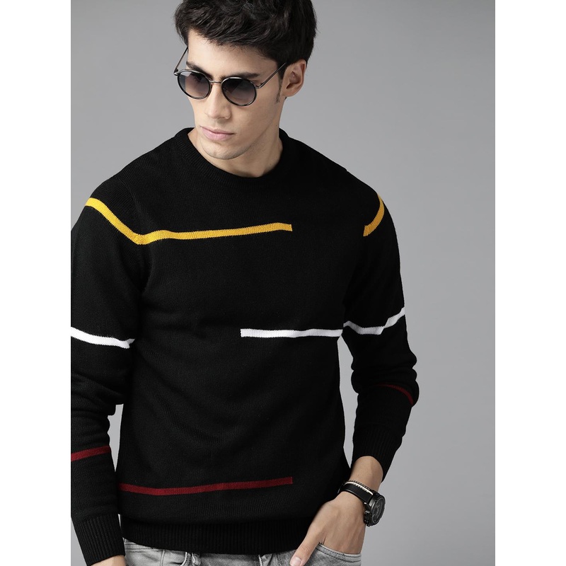 Roadster Men Black & White Striped Pullover Sweater
