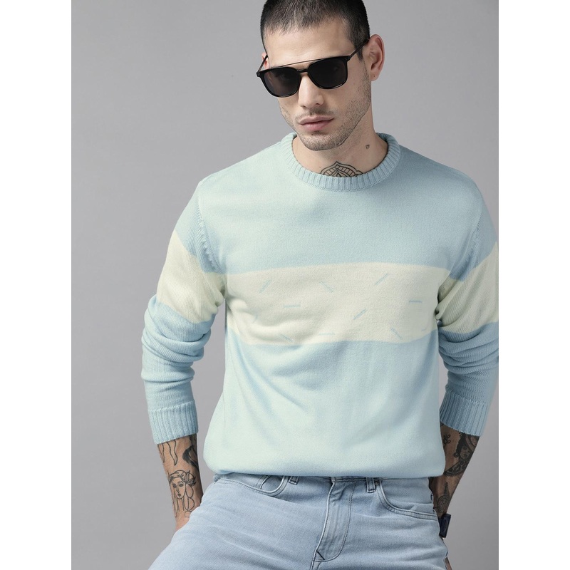Roadster Men Blue & Off White Colourblocked Pullover