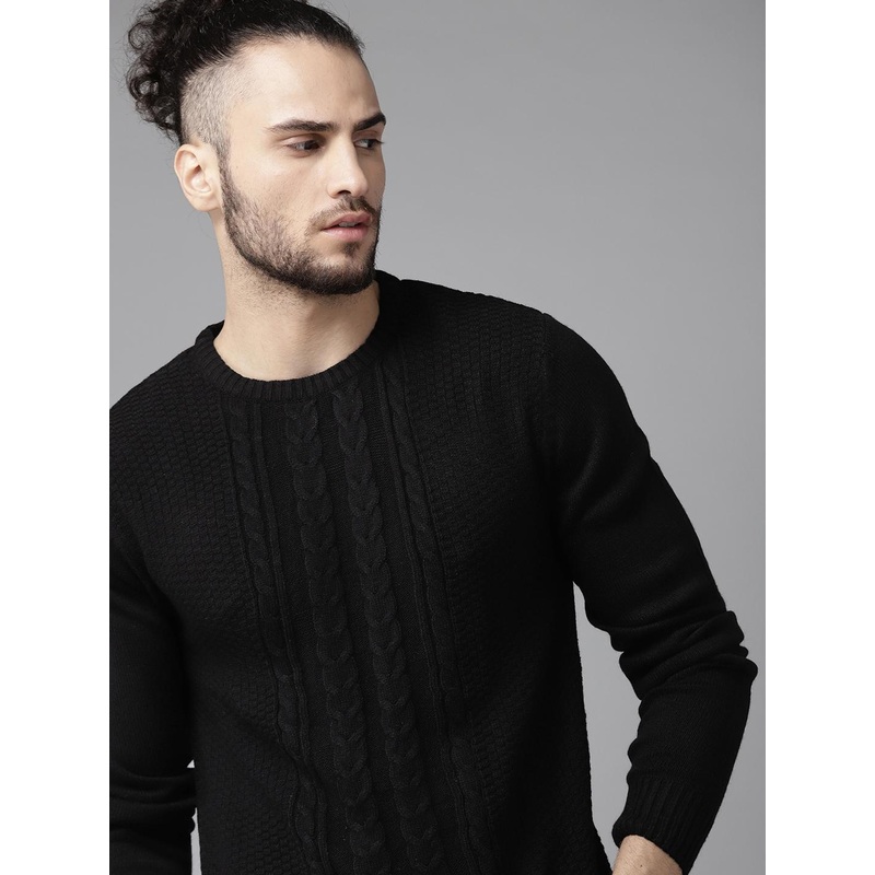 The Roadster Lifestyle Co Men Black Solid Cable Knit Pullover