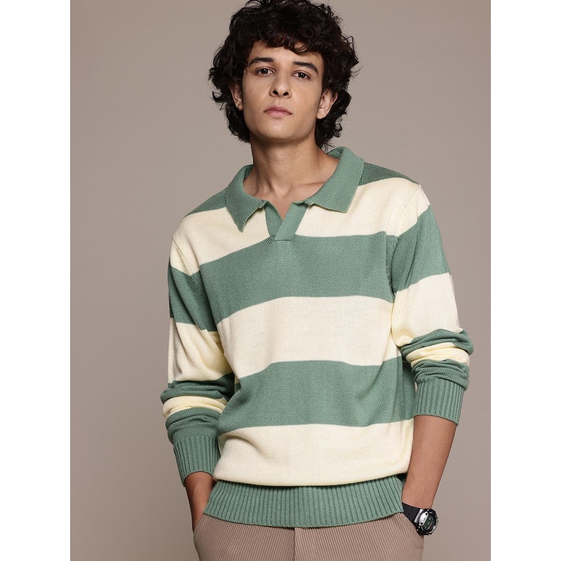 The Roadster Lifestyle Co. Spread Collar Acrylic Striped Pullover