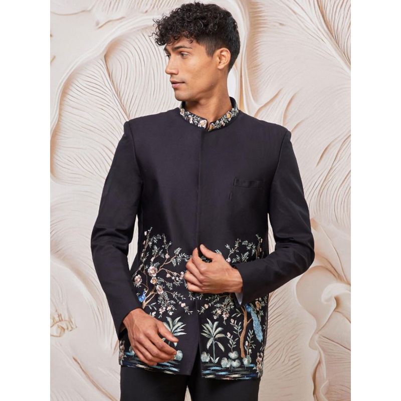 Vastramay Mandarin Collar Embroidered Bandhgala Blazer