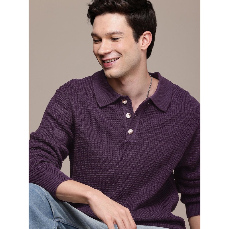 WROGN Shirt Collar Cable Knit Pullover Sweater