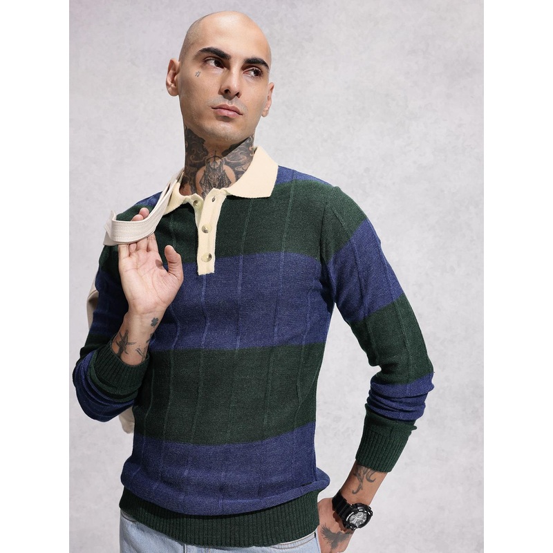 WROGN Striped Shirt Collar Pure Acrylic Pullover