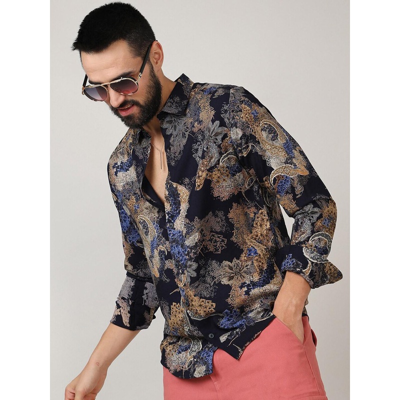 Campus Sutra Black Classic Floral Printed Spread Collar Casual Shirt