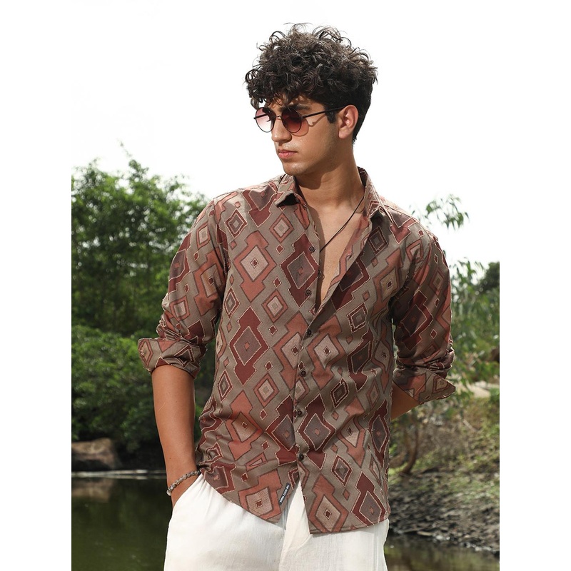Campus Sutra Geometric Printed Long Sleeves Regular Fit Cotton Shirt