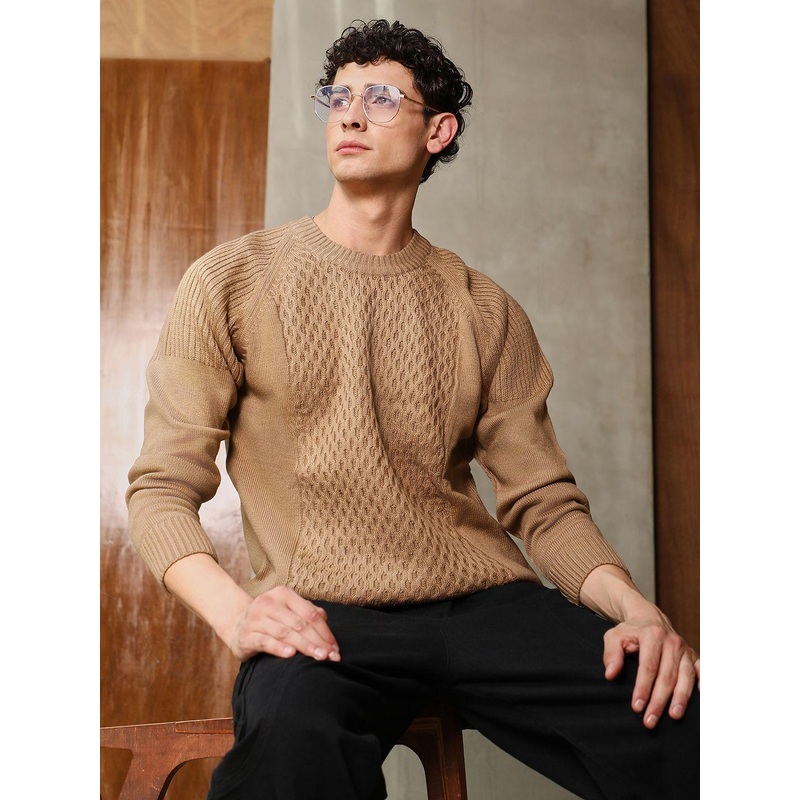 Campus Sutra Men Open Knit Cotton Pullover