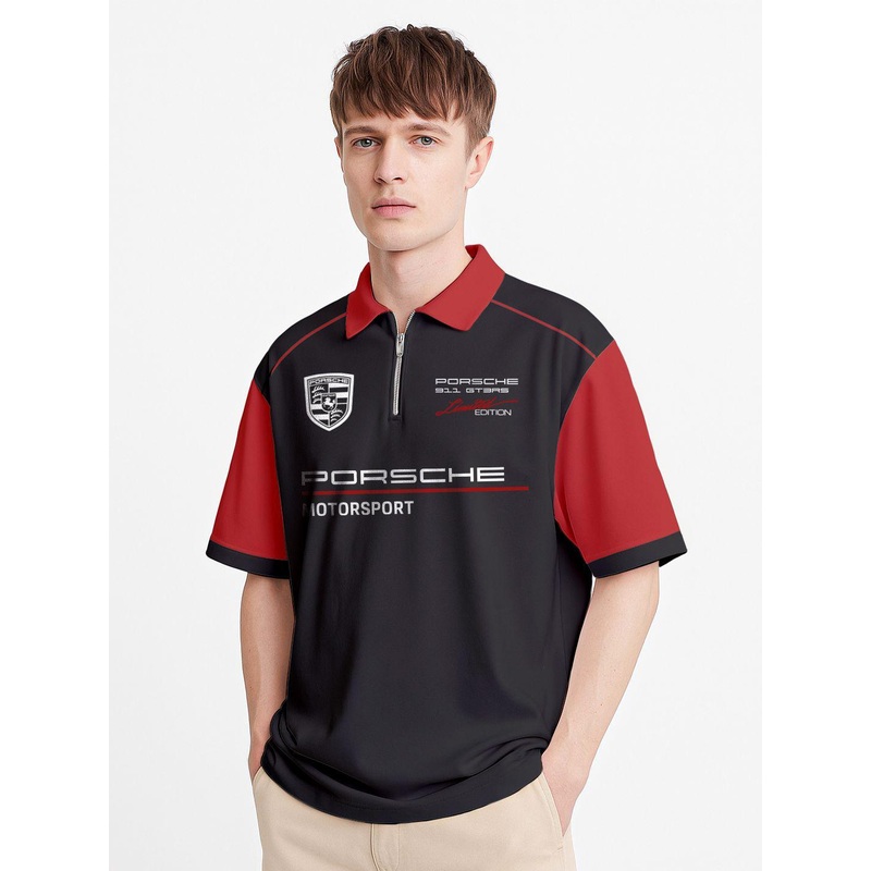 Crazymonk Men Brand Logo Printed Polo Collar Cotton Oversized T-shirt