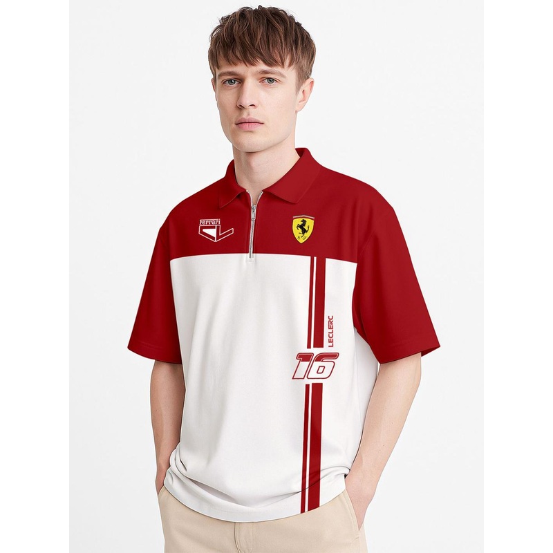 Crazymonk Oversized Charles Leclerc Colourblocked Polo Collar Cotton T-Shirt