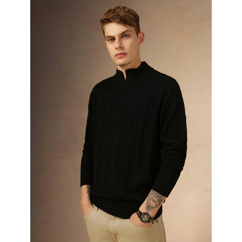 Dennis Lingo Cable Knit Self Design Mock Collar Slim Fit Pure Acrylic Pullover Sweater