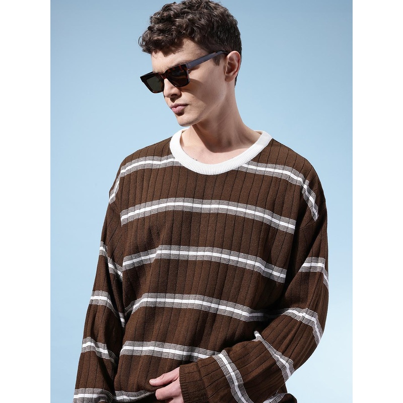 glitchez Contrast Neckline Striped Oversized Pullover