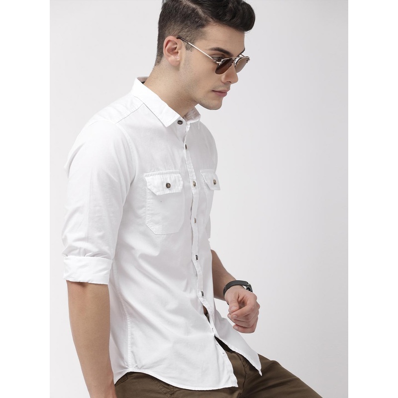 HIGHLANDER Men White Slim Fit Solid Casual Shirt