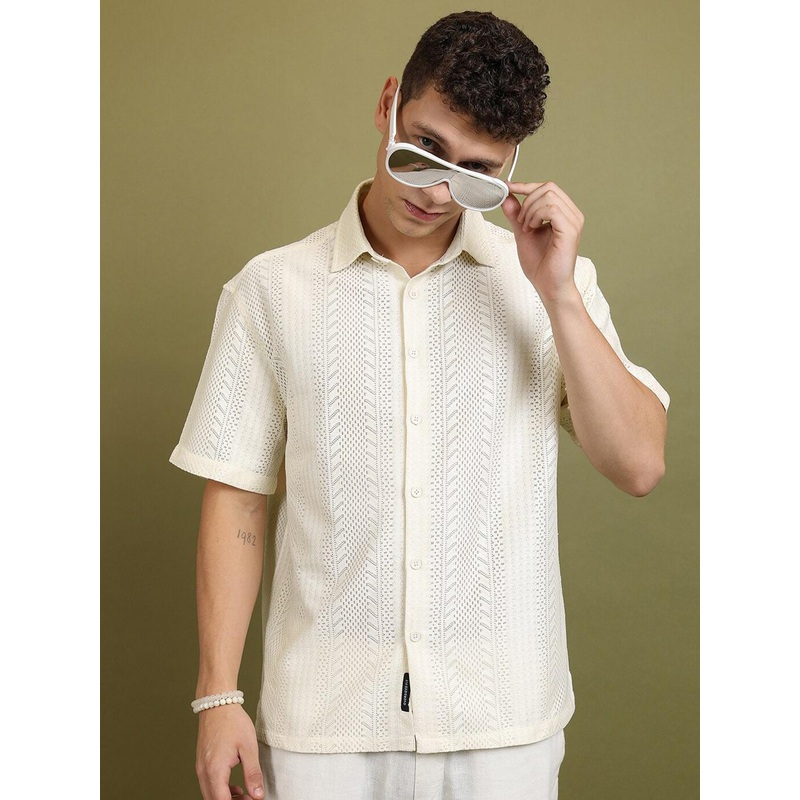 HIGHLANDER Oversized Self Design Casual Crochet Shirt