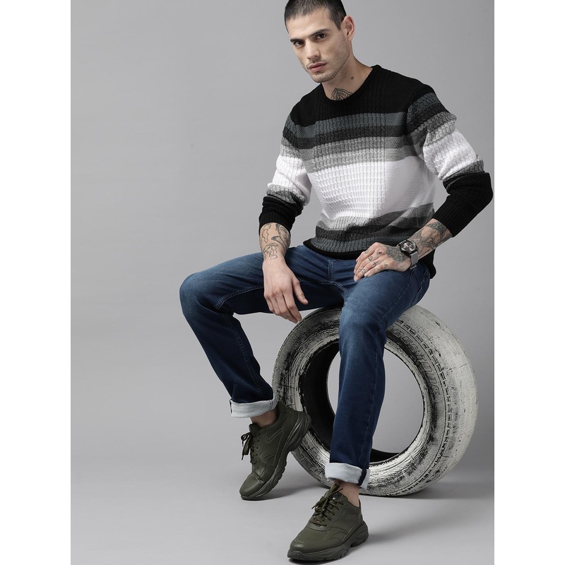 Roadster Men Black & White Acrylic Striped Pullover