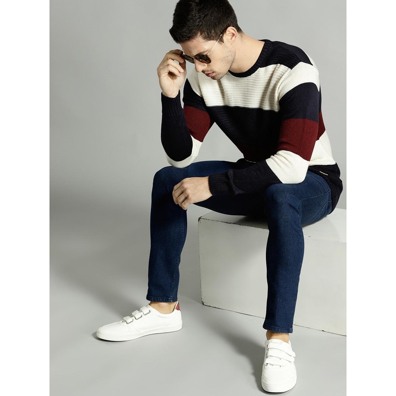 Roadster Men Cream-Coloured & Navy Blue Self-Striped Longline Pullover