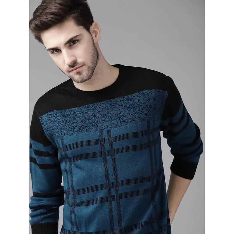 The Roadster Lifestyle Co Men Black & Teal Blue Jacquard Checked Pullover