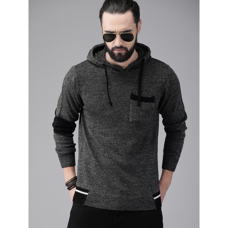 The Roadster Lifestyle Co Men Charcoal Grey Solid Hooded Pullover Sweater