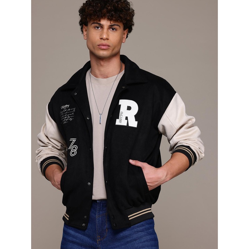 The Roadster Lifestyle Co. Typography Embroidered  Suede Finish Varsity Jacket
