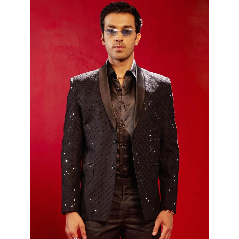 VASTRAMAY Sequined Notched Lapel Long Sleeve Single-Breasted Slim Fit Blazer