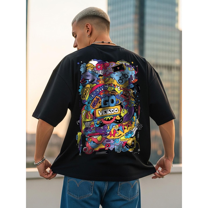 VEIRDO Black Graphic Printed Cotton T-shirt