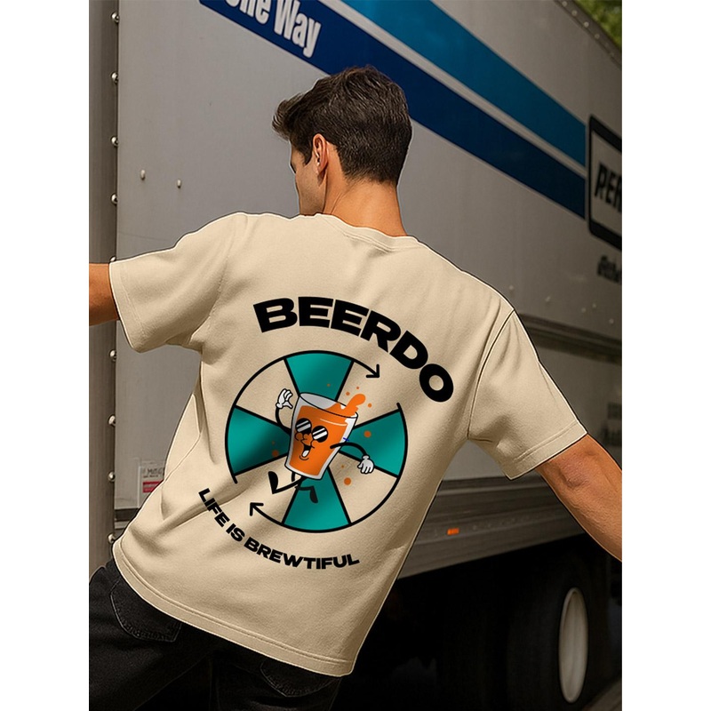 VEIRDO Men Beige Graphic Puff Print Round Neck Relaxed Fit Pure Cotton Oversized T-Shirt