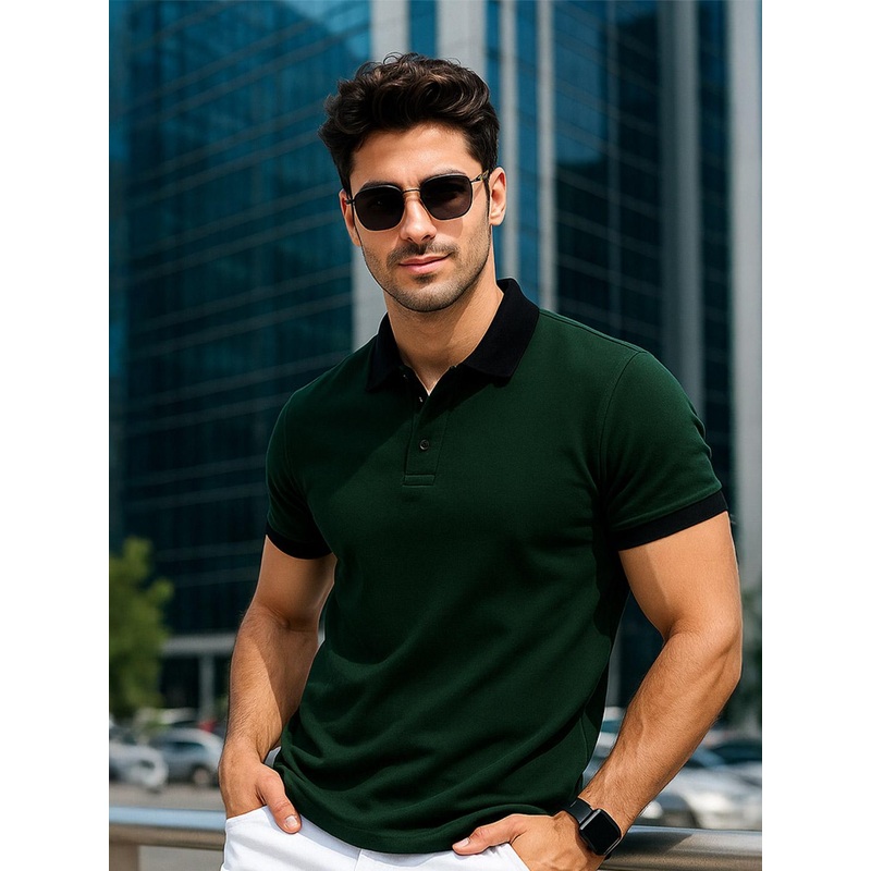 VEIRDO Men Green Solid Regular Fit Pure Cotton Polo T-Shirt