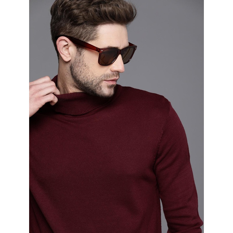 WROGN Men Maroon Solid Turtle Neck Pullover