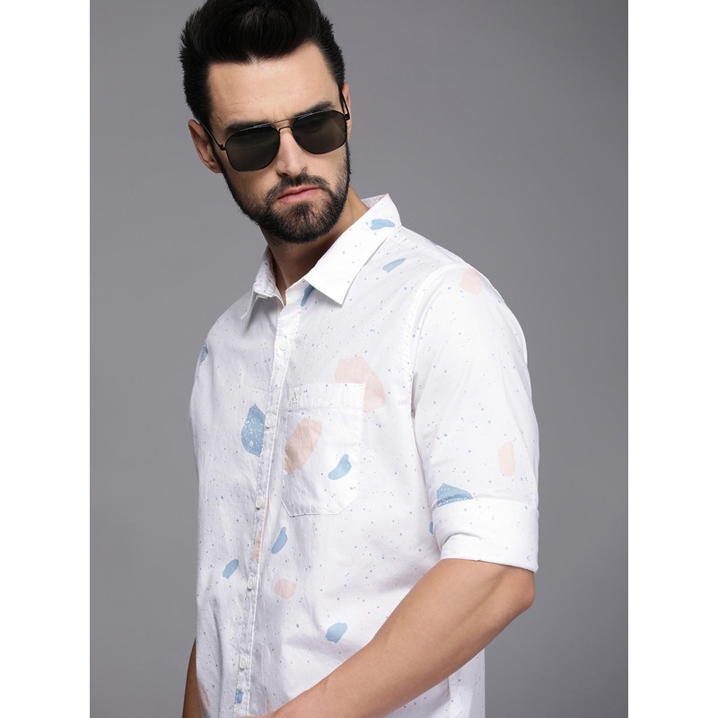 WROGN Men White Abstract Printed Slim Fit Pure Cotton Casual Shirt