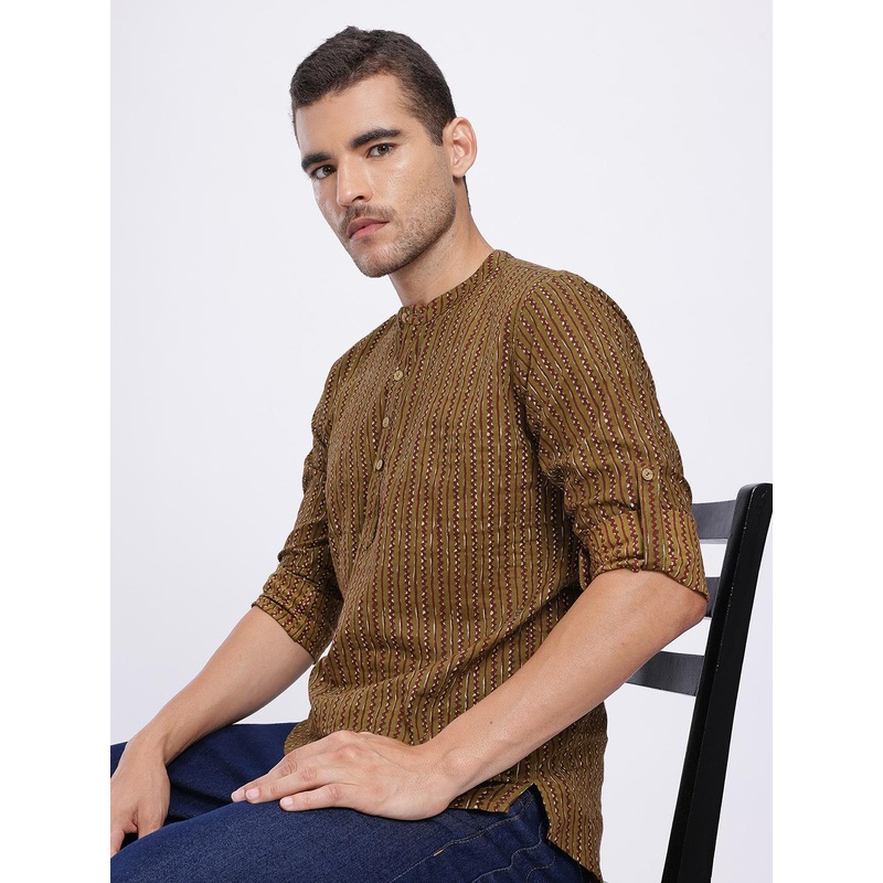 Anouk Rustic Striped Pure Cotton Band Collar Roll-Up Sleeves Straight Kurta