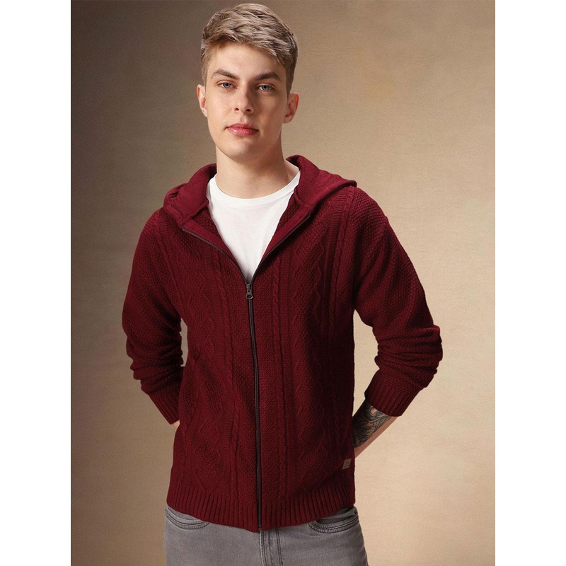 Dennis Lingo Men Acrylic Cable Knit Hooded Cardigan