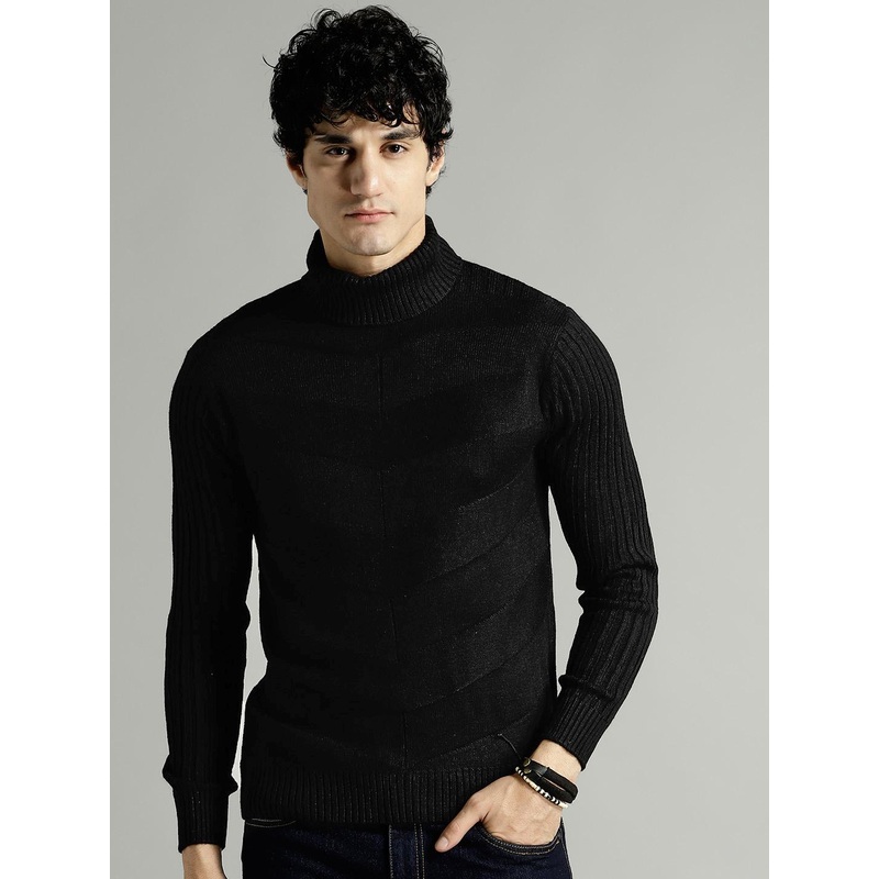 Roadster Men Black Striped Pullover