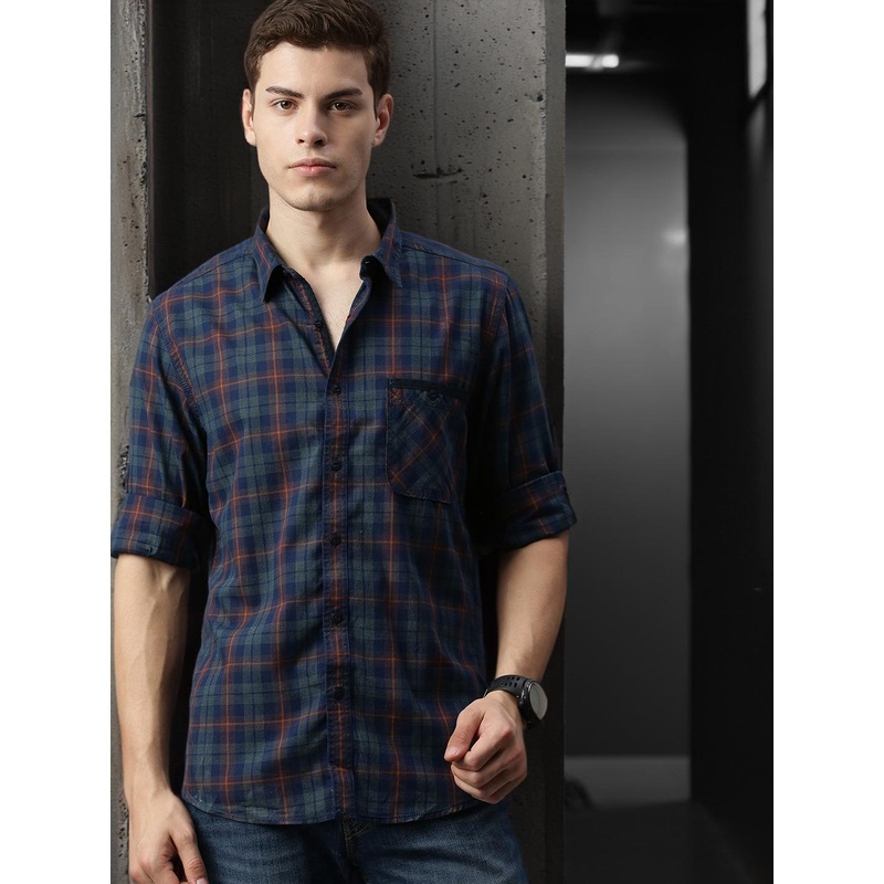 Roadster Men Blue & Orange Regular Fit Checked Casual Shirt