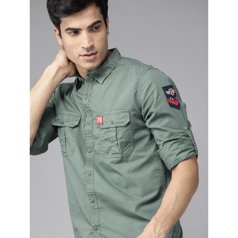 Roadster Men Green Pure Cotton Regular Fit Solid Sustainable Casual Shirt