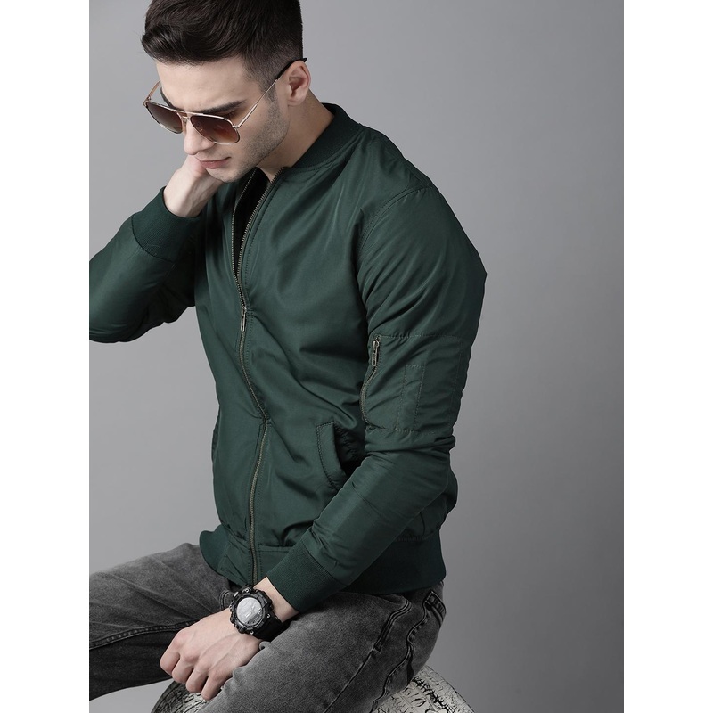 Roadster Men Green Solid Bomber Jacket