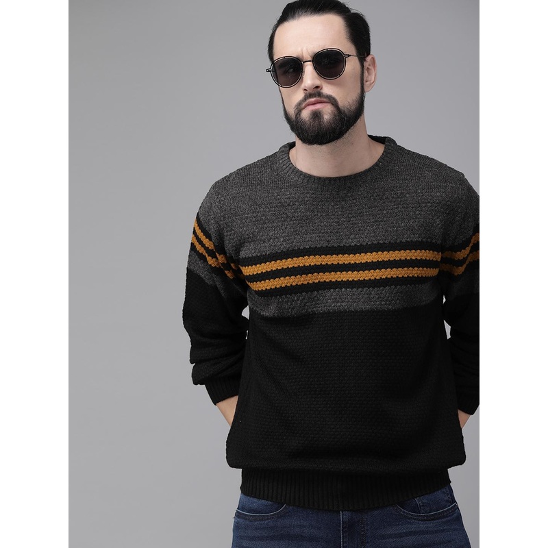 The Roadster Lifestyle Co Men Charcoal Grey & Black Colourblocked Pullover Sweater