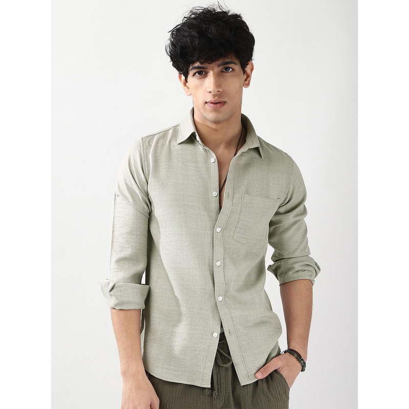 Urbano Fashion Men Beige Solid Linen Full Sleeve Relaxed Fit Casual Shirt