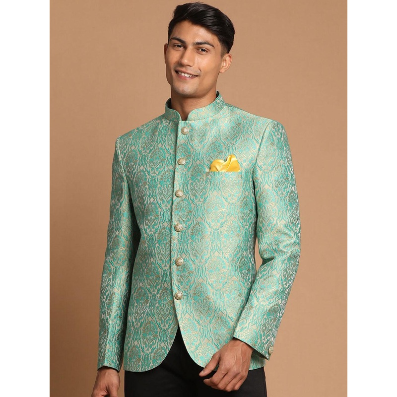 VASTRAMAY Men Mint Green Silk Blend Jodhpuri Slim Fit Bandhgala Blazer