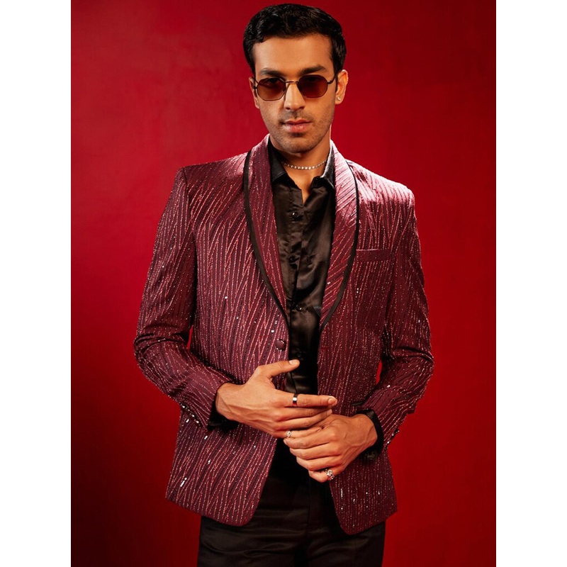 VASTRAMAY Self Design Slim-Fit Embellished Silk Satin Single-Breasted Blazer