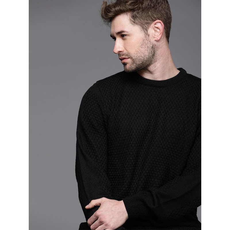 WROGN Men Black Self Design Pullover Sweater