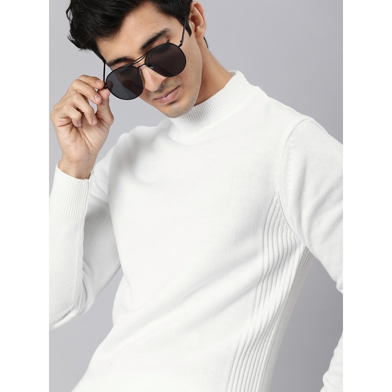 WROGN Men White Slim Fit Solid Pullover Sweater