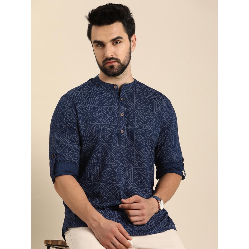 Anouk Men Geometric Printed Cotton Indigo Short Kurta