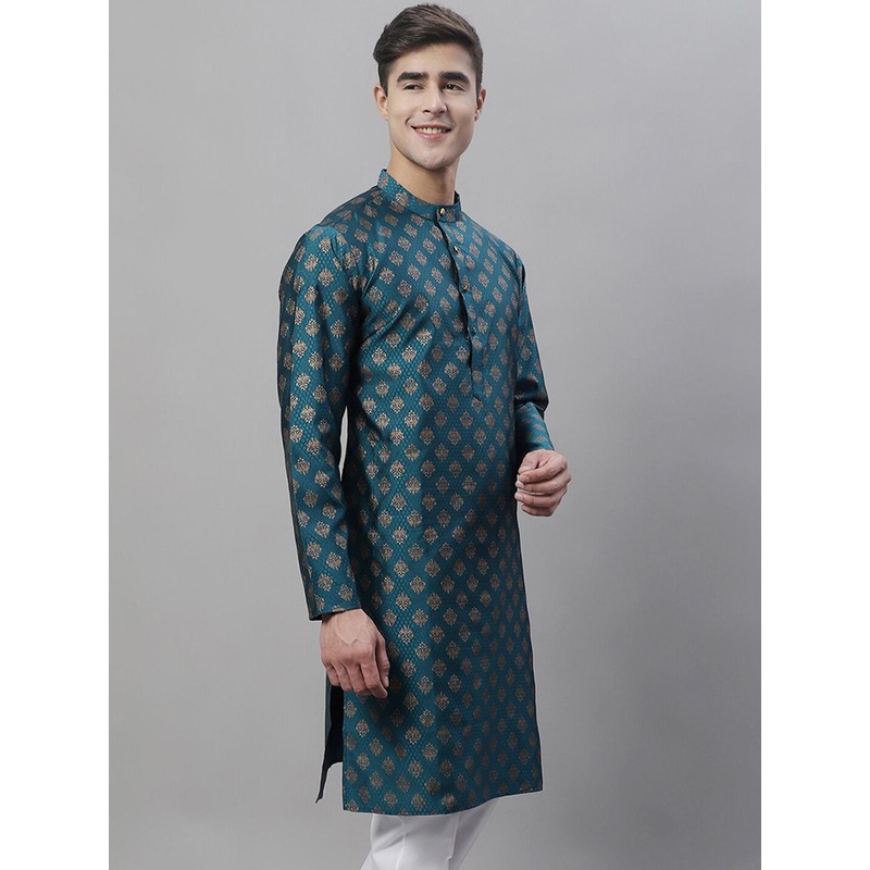 Anouk Teal Blue Ethnic Motifs Woven Design Band Collar Jacquard Kurta
